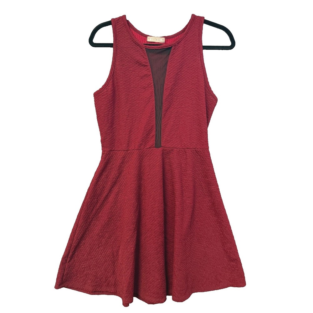 Hug+ Women Burgundy Mesh V-Neck Textured Skater Dress 1XL Made in USA D9038